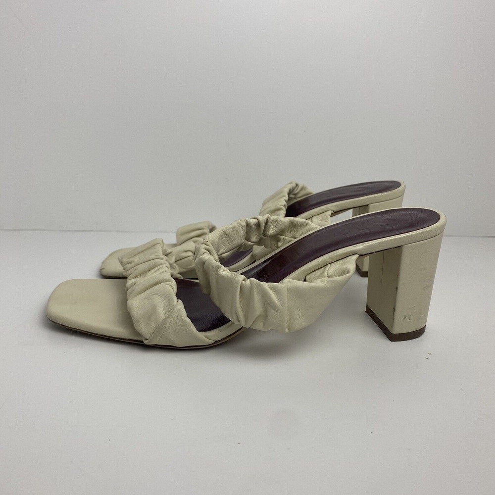Staud‎ Womens Size 37 Frankie Ruched Leather Mules Block Heel Strap Sandal Ivory